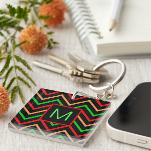 Colourful Cool Chevron on Black Monogram Keychain