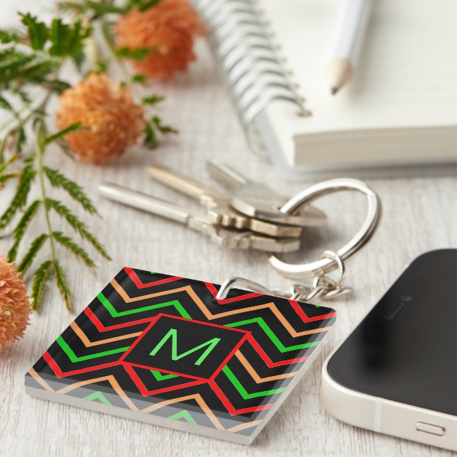 Colourful Cool Chevron on Black Monogram Keychain (Front Right)