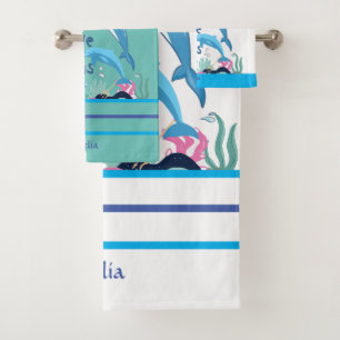 Colourful Cool I Love Dolphins Name Monogram  Bath Towel Set