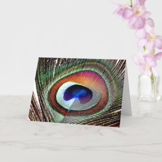 Colourful Copper Peacock Feather Card (Orchid)
