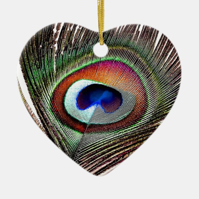 Colourful Copper Peacock Feather Ceramic Ornament (Front)