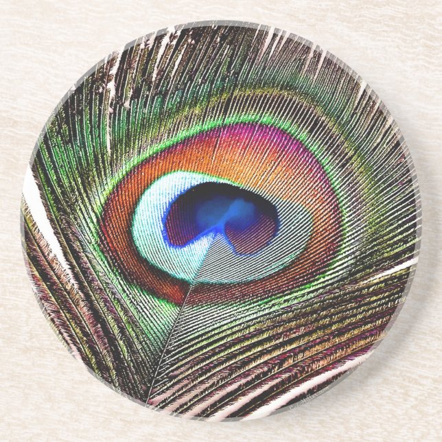 Colourful Copper Peacock Feather Coaster (Front)