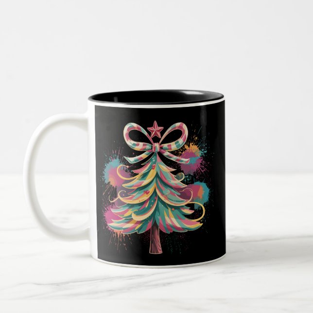 Colourful Coquette Christmas Tree Preppy Pink Xmas Two-Tone Coffee Mug (Left)