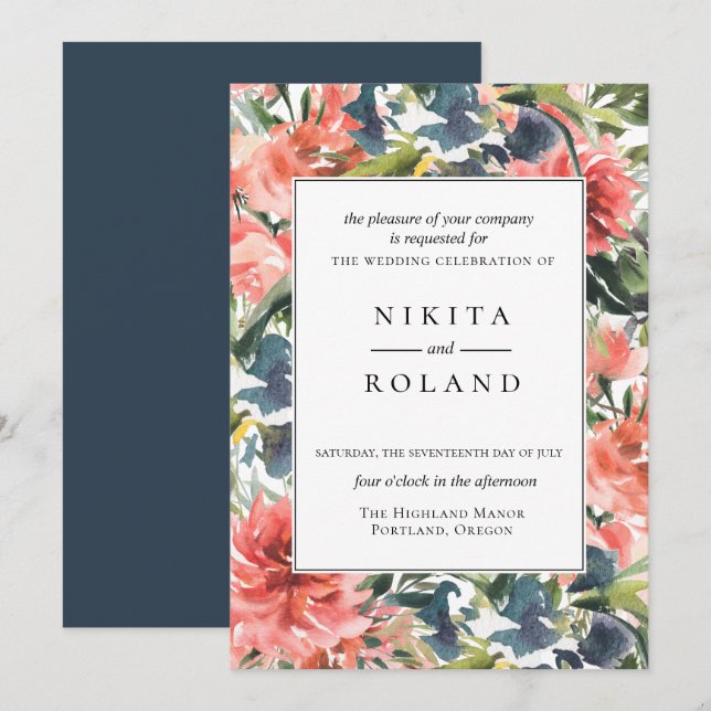 Colourful Coral Dahlia Floral Wedding Invitation (Front/Back)