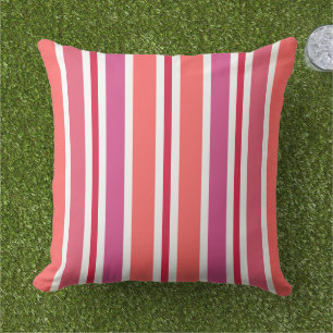 Colourful Coral Pink and Red Summer Stripes Outdoor Pillow