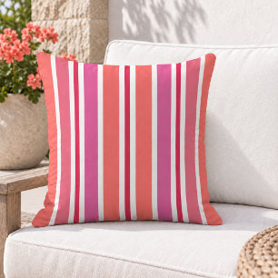 Colourful Coral Pink Magenta Vertical Stripe Outdoor Pillow
