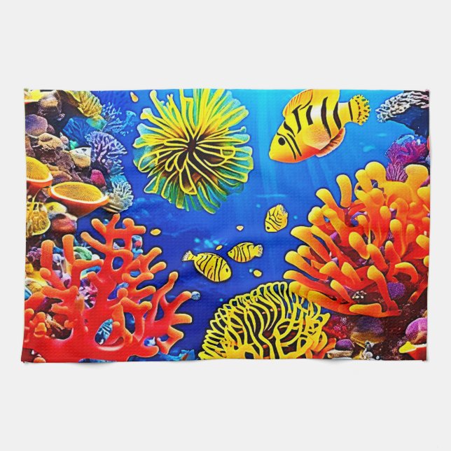 Colourful Coral Reef Design  Kitchen Towel (Horizontal)