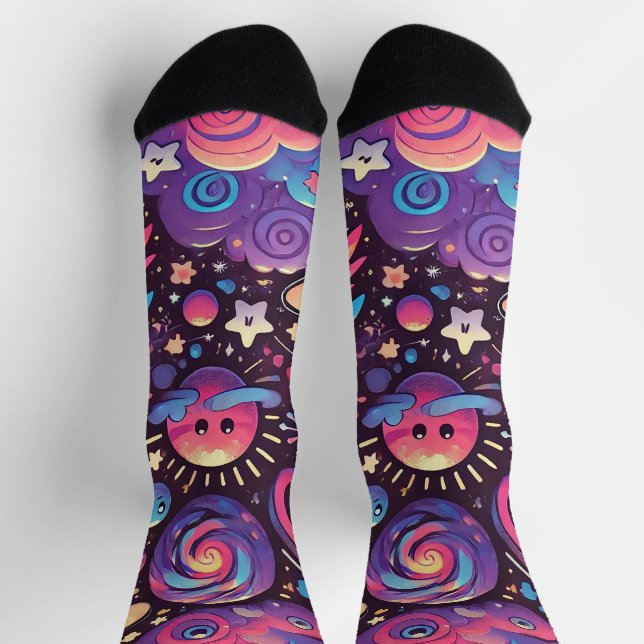 Colourful Cosmic Scene with Cartoon Planets Socks (Top)