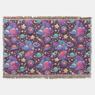 Colourful Cosmic Scene with Cartoon Planets Throw Blanket