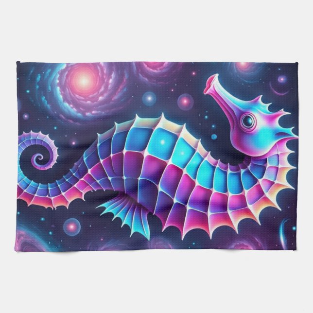Colourful Cosmic Seahorse  Kitchen Towel (Horizontal)