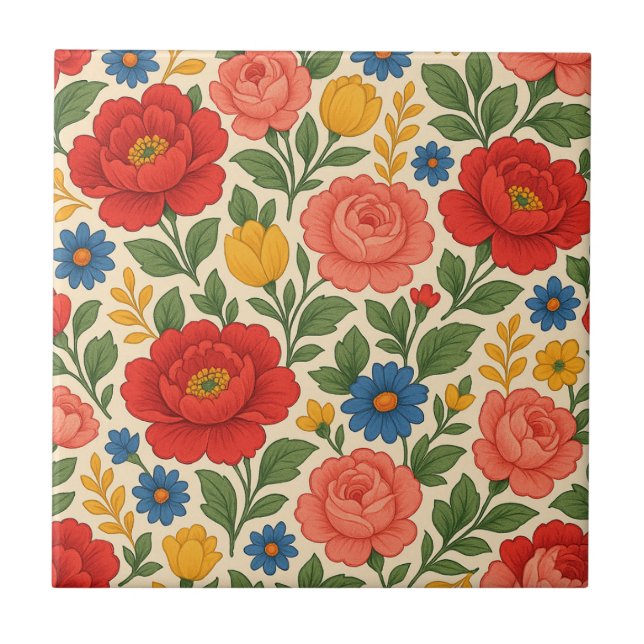 Colourful Cottage Blossoms Tile (Front)