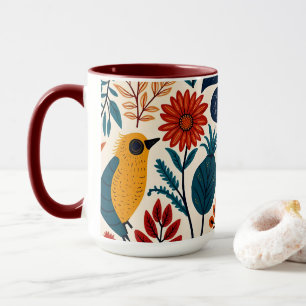 Colourful Cottagecore Floral Bird Pattern Mug