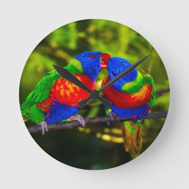 Colourful Couple of Kissing Parrots Round Clock (Front)