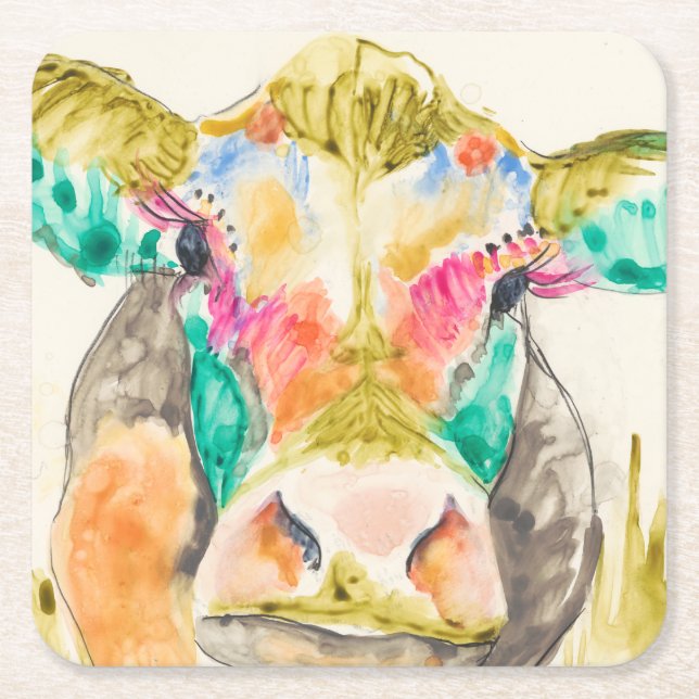 Colourful Cow Design Square Paper Coaster (Front)