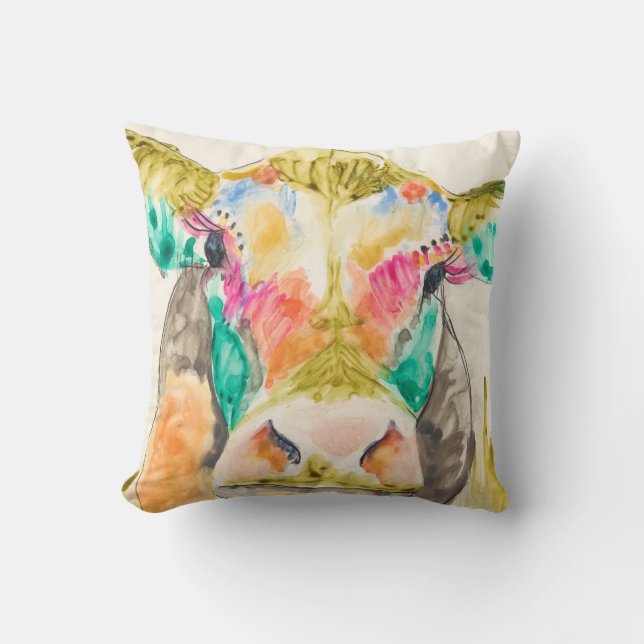 Colourful Cow Design Throw Pillow (Front)