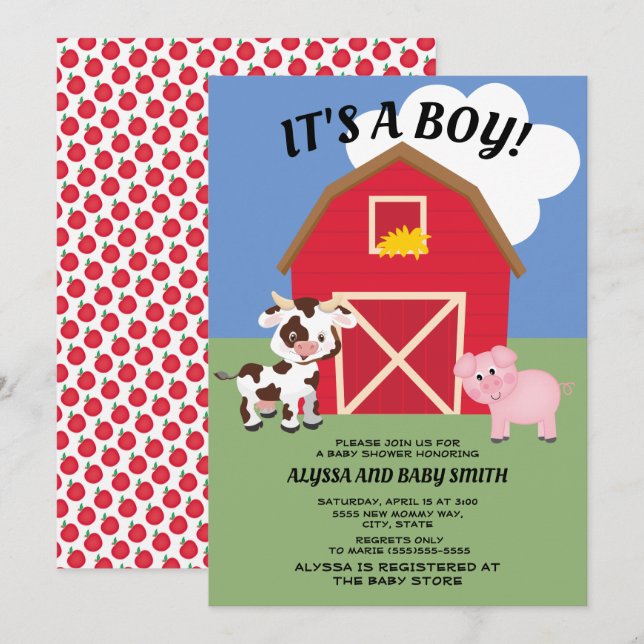 Colourful Cow Pig Barnyard / Farm Boy Baby Shower Invitation (Front/Back)