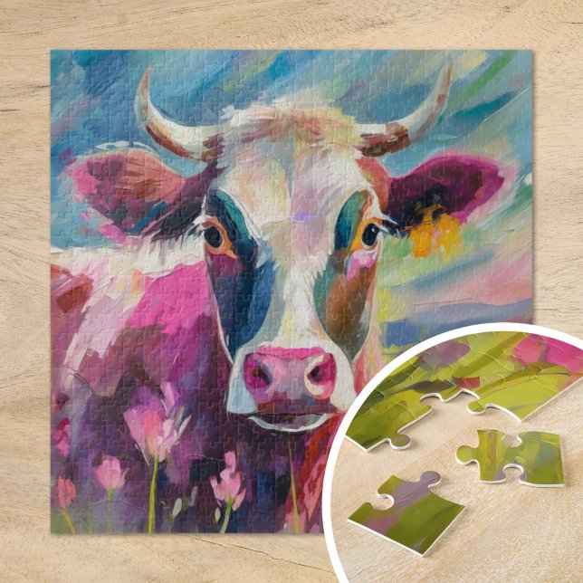 Colourful Cow Portrait Modern Abstract Art Jigsaw Puzzle (Creator Uploaded)