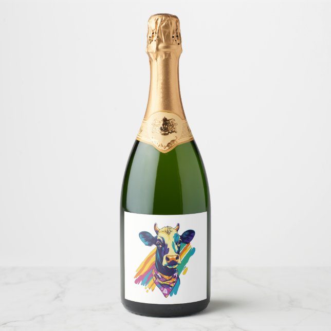Colourful Cow , Rainbow Cow Design  Sparkling Wine Label (Front)