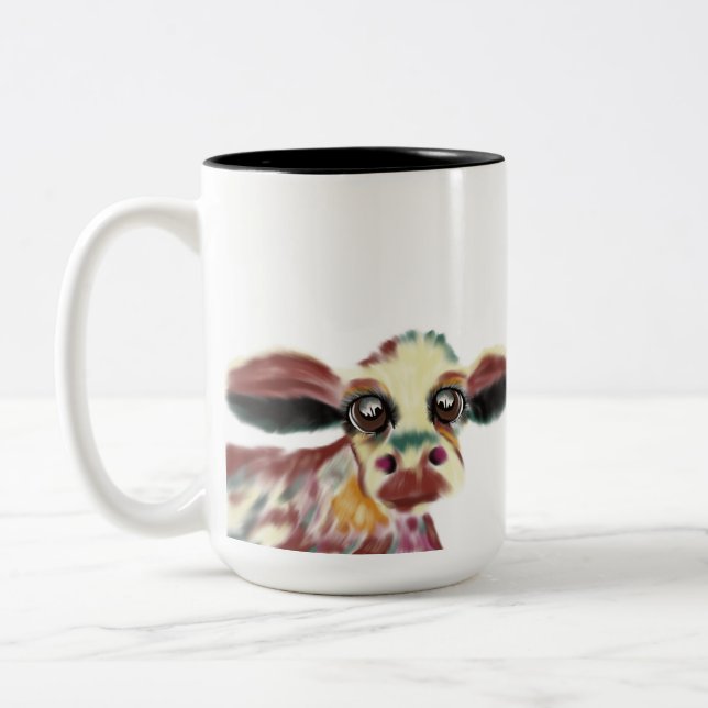 Colourful Cow With Giant Soulful Eyes Two-Tone Coffee Mug (Left)