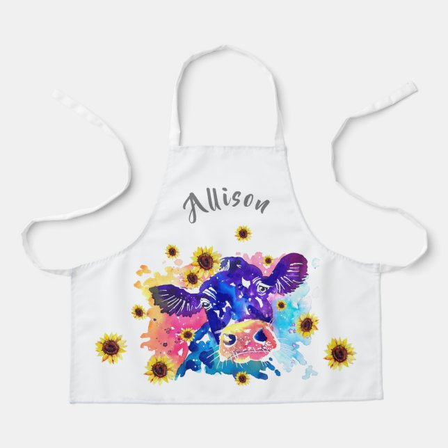 Colourful Cow with Sunflower Kids Personalized Apr Apron (Front)