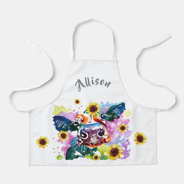 Colourful Cow with Sunflower Kids Personalized Apron (Front)