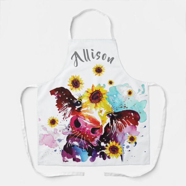 Colourful Cow with Sunflowers Personalized Apron (Front)