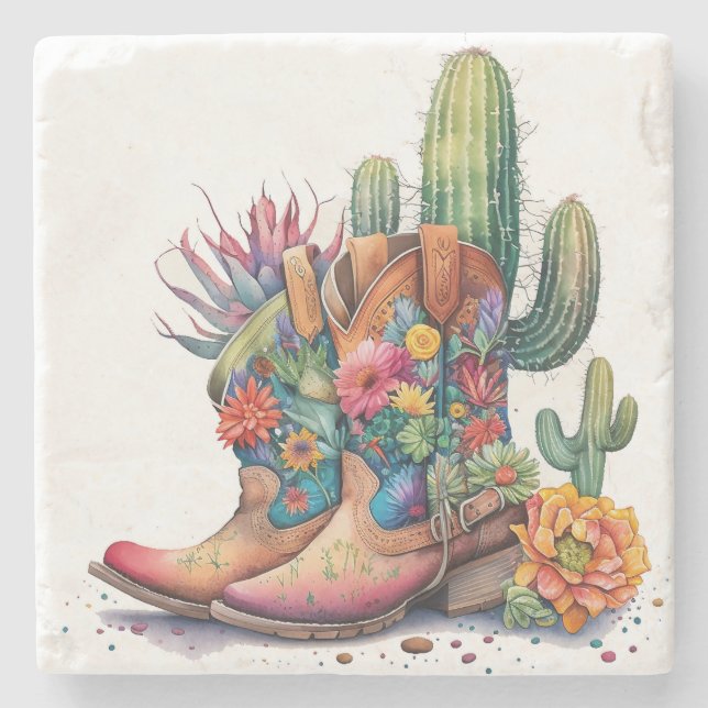Colourful Cowgirl Boots and Cactus Stone Coaster (Front)