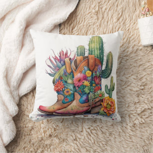 Colourful Cowgirl Boots and Cactus Throw Pillow