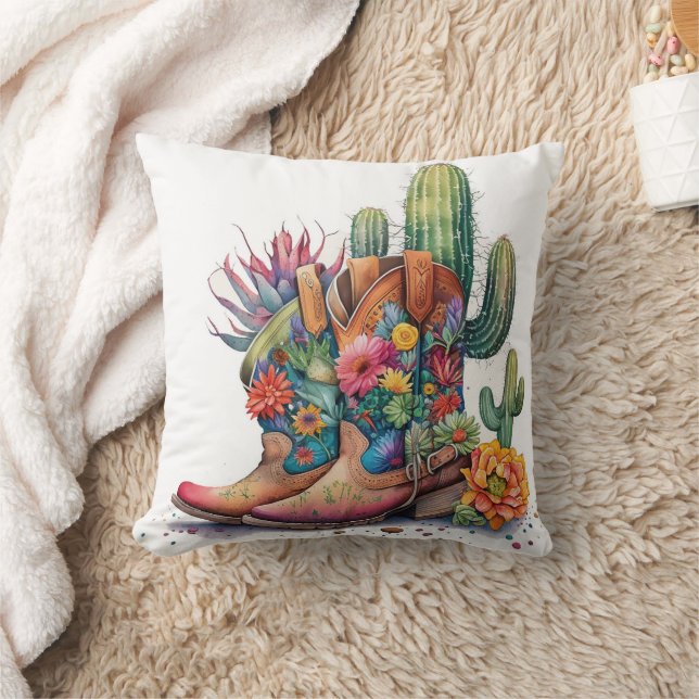 Colourful Cowgirl Boots and Cactus Throw Pillow (Blanket)