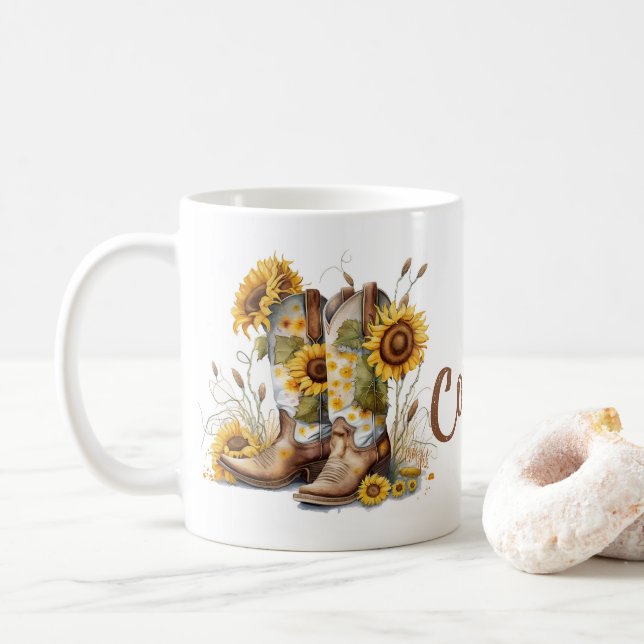 Colourful Cowgirl Boots and Sunflowers Coffee Mug (With Donut)