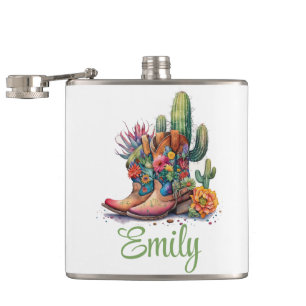 Colourful Cowgirl Boots Flowers and Cactus Hip Flask