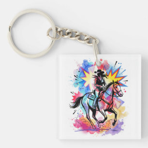 Colourful Cowgirl Horse Watercolor Pop Art Keychain