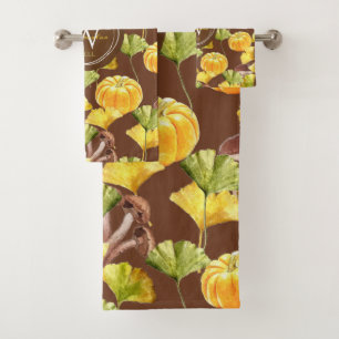Colourful Cozy Autumn Watercolor Pattern Monogram Bath Towel Set