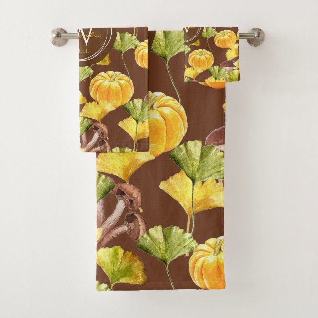 Colourful Cozy Autumn Watercolor Pattern Monogram Bath Towel Set (Insitu)