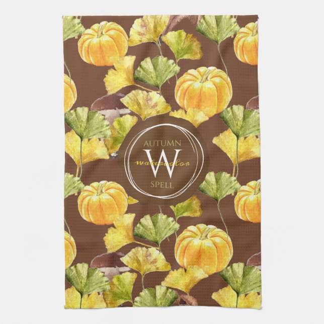 Colourful Cozy Autumn Watercolor Pattern Monogram Kitchen Towel (Vertical)