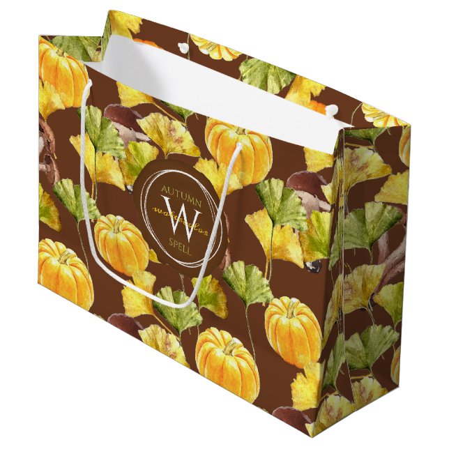Colourful Cozy Autumn Watercolor Pattern Monogram Large Gift Bag (Front Angled)