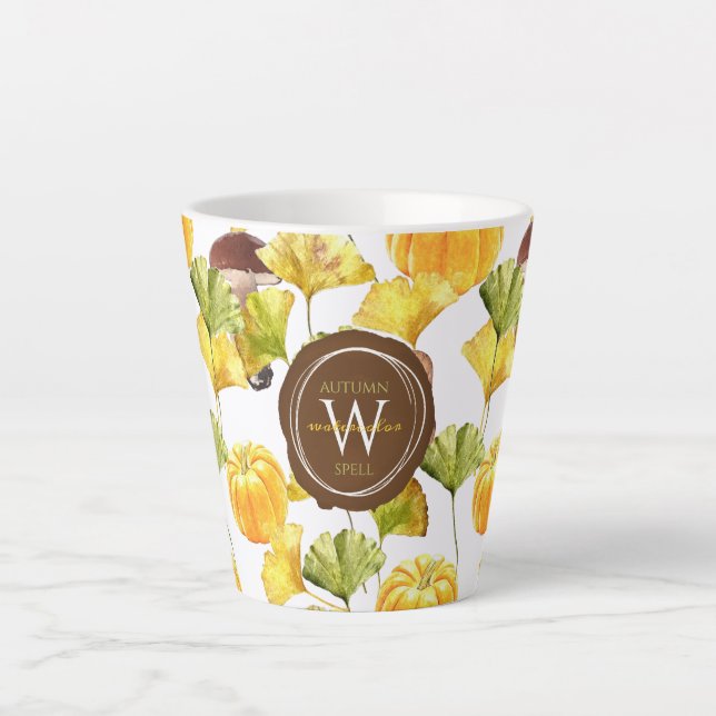 Colourful Cozy Autumn Watercolor Pattern Monogram Latte Mug (Front)