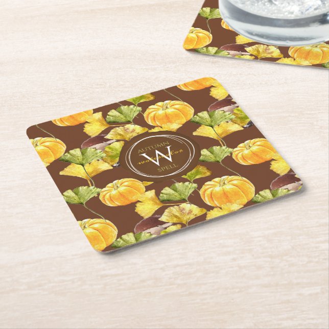 Colourful Cozy Autumn Watercolor Pattern Monogram Square Paper Coaster (Angled)