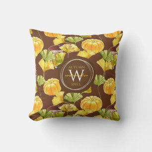 Colourful Cozy Autumn Watercolor Pattern Monogram Throw Pillow