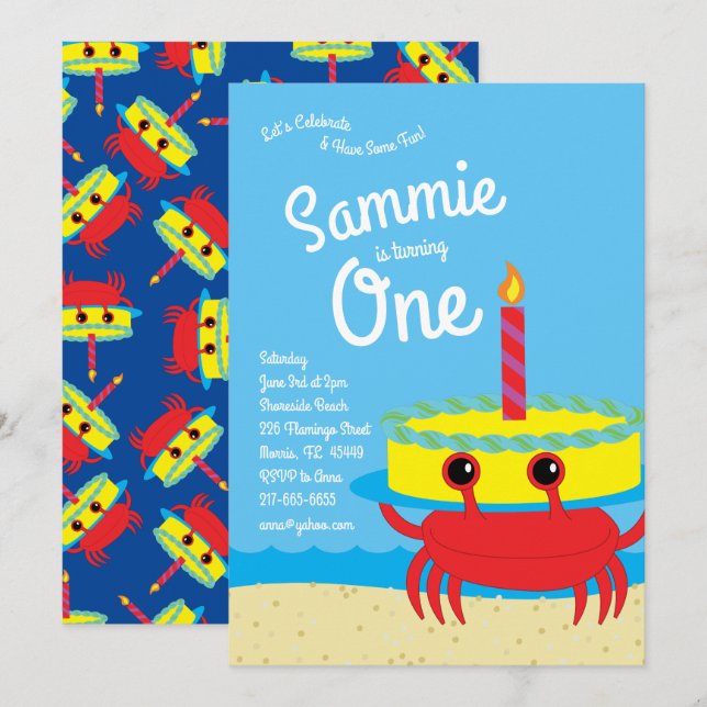 Colourful  Crab Beach 1st Birthday Invitations (Front/Back)