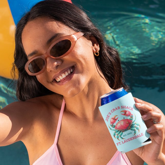 Colourful Crab Illustration Custom Text On Blue Can Cooler (Creator Uploaded)