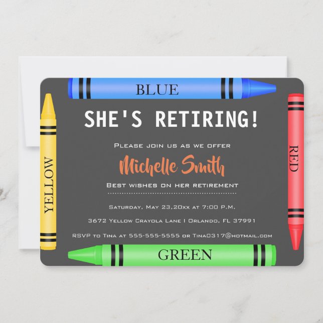 Colourful Crayon Teacher Retirement Invite (Front)