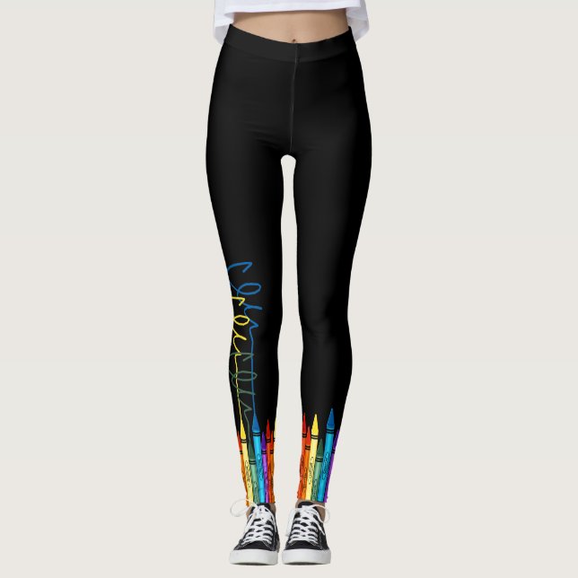 Colourful Crayons on Black Leggings (Front)