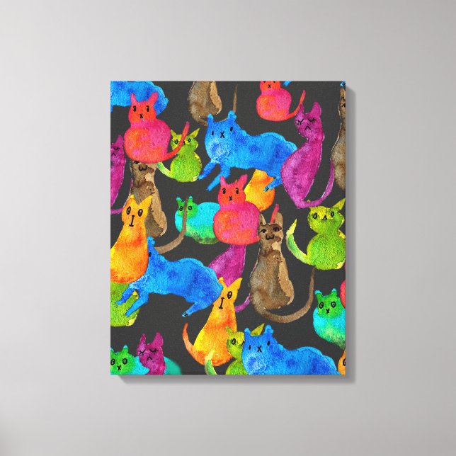 Colourful crazy cats in watercolor canvas print (Front)