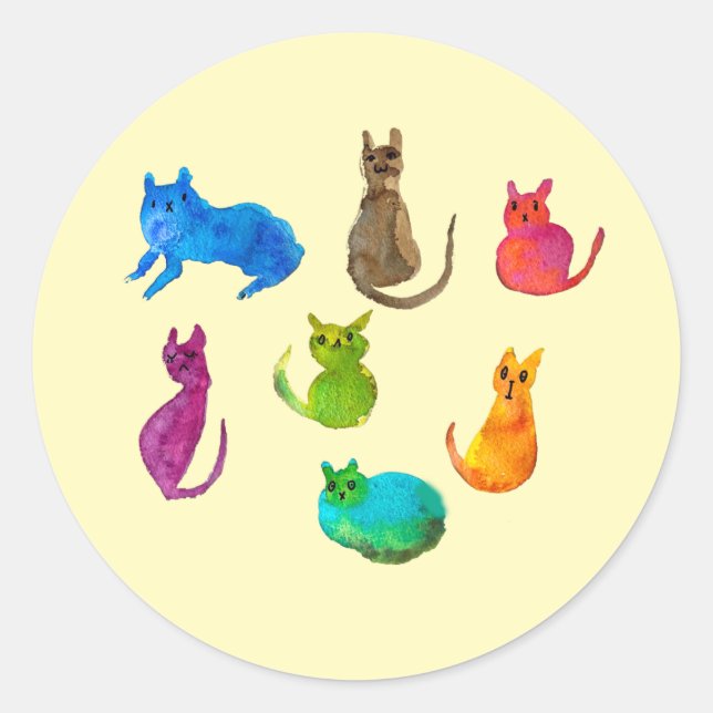 Colourful crazy cats in watercolor classic round sticker (Front)