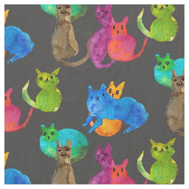 Colourful crazy cats in watercolor fabric (Close Up)
