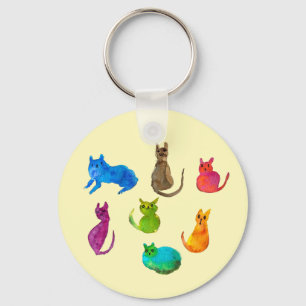 Colourful crazy cats in watercolor keychain