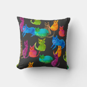 Colourful crazy cats in watercolor throw pillow