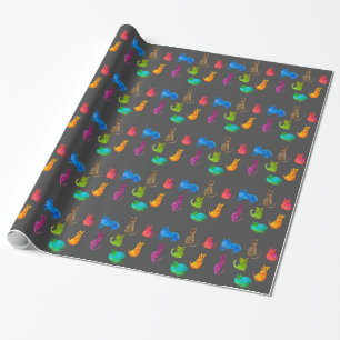 Colourful crazy cats in watercolor wrapping paper