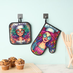 Colourful Crazy Chef Cook, Kitchen Gift Oven Mitt & Pot Holder Set